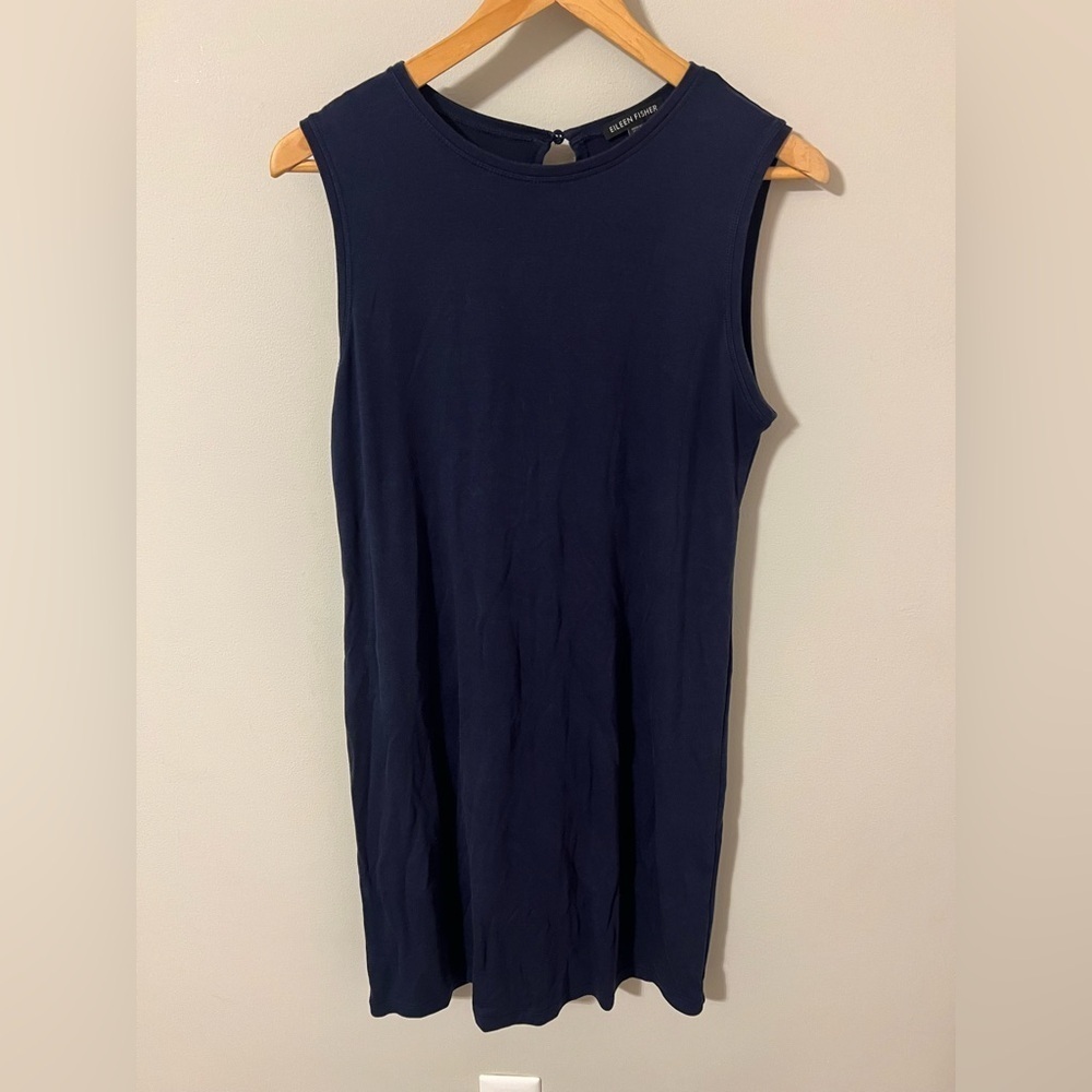 Eileen Fisher $238 Indigo Fluid Tencel Roundneck Knee Length Dress Size Small - Picture 4 of 9